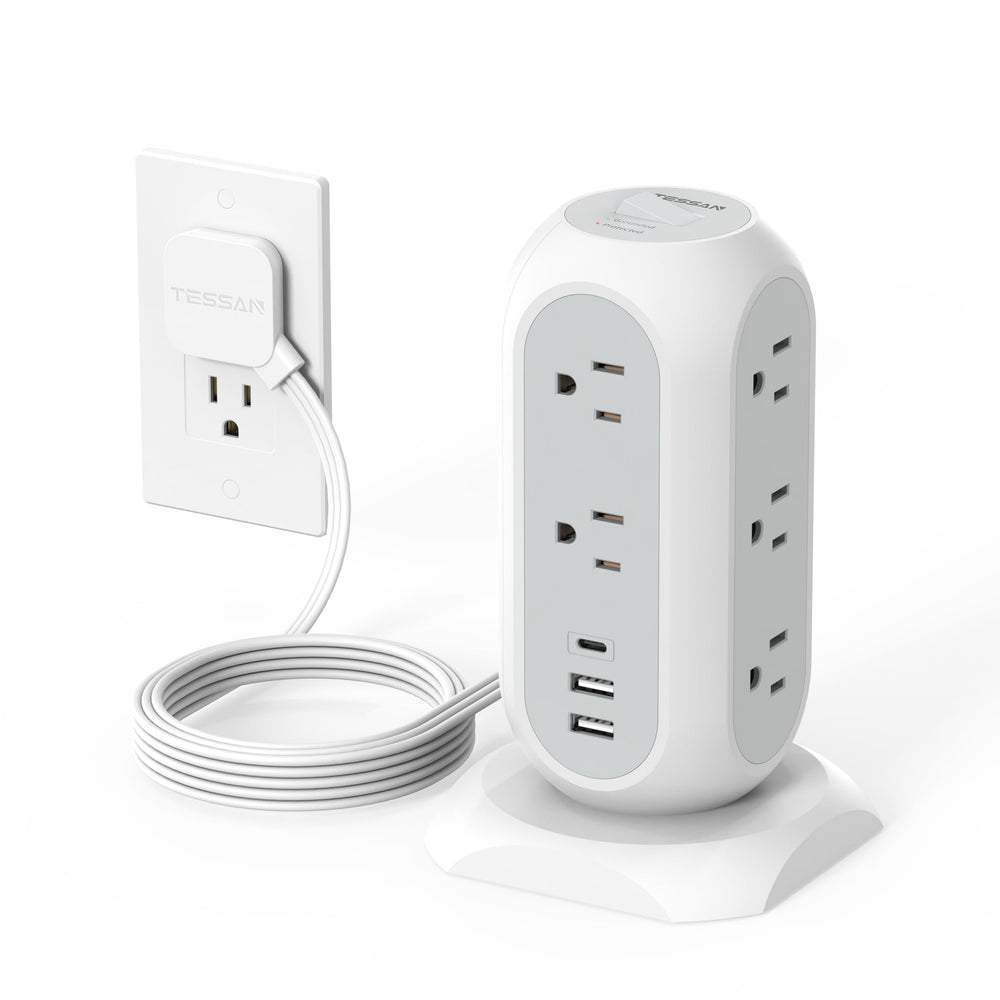 TESSAN front view of tower power strip showing outlets and sleek grey finish for neat setup