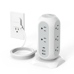 TESSAN front view of tower power strip showing outlets and sleek grey finish for neat setup