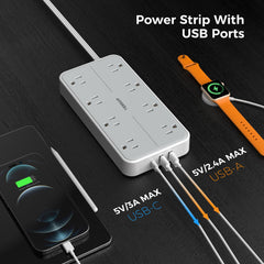 TESSAN surge protector label view showing 1080J protection and safety features