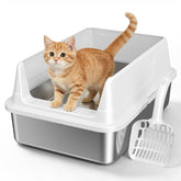 Tevila front view of metal litter box showing spill containment benefit
