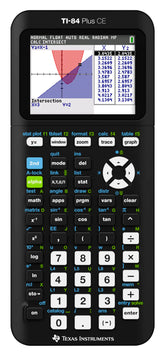 Texas Instruments TI-84 Plus CE front view showing sleek black casing and screen, ideal for classroom portability
