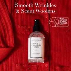 The Laundress misting spray in action refreshing a wool sweater for freshness