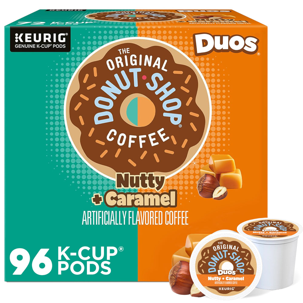 The Original Donut Shop box front showing Duos Nutty + Caramel pods and benefit convenience