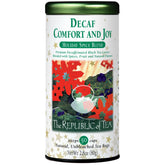The Republic of Tea tin front view showing festive decaf comfort and joy branding and appeal