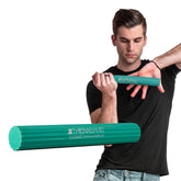 THERABAND FlexBar green front view showing full bar and grip benefits