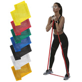 THERABAND packaged front view showing full seven-band set and compact storage benefit