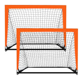 Theresduet front view of two orange pop-up goals showing size and entry benefit