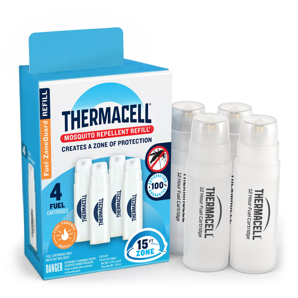 Thermacell front packaging showing fuel refills and model compatibility, ensures reliable outdoor use