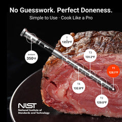 ThermoMaven probe inserted in steak demonstrating accurate internal temperature tracking