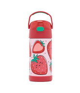 THERMOS FUNTAINER front view showing Strawberry Smiles design and lid, durable and playful