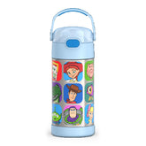 THERMOS FUNtainer front view showing Toy Story 5 artwork and compact shape benefits hydration