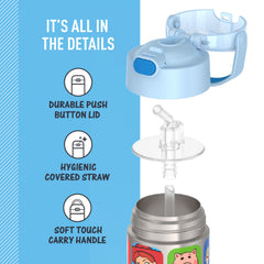 THERMOS next to a child’s backpack to show 12oz size fitting pocket and cup holder
