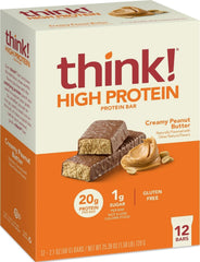 thinkThin front pack view showing cream peanut butter bar and benefits