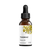 THORNE front label of D3 liquid showing dosage and vegan claim benefits dosing clarity