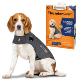 Thundershirt front view showing medium heather gray vest and easy fit benefit