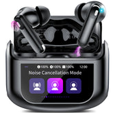Thunelec front view with open case showing earbuds and screen, highlights convenience