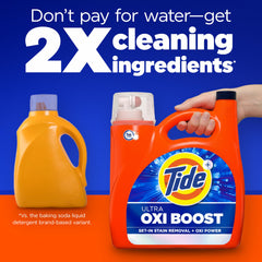 Tide close-up label highlighting boosted Oxi ingredients and benefits