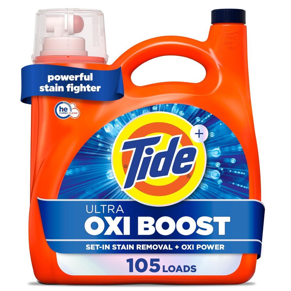 Tide front packaging showing bottle and label, clear cleaning promise