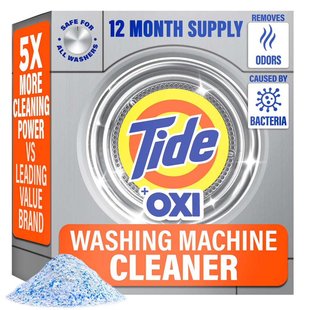 Tide washing machine cleaner front view of 52 week packet box showing contents and branding for convenient maintenance
