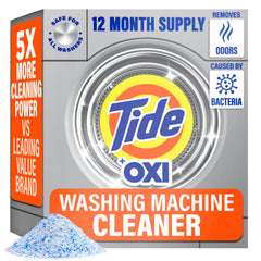 Tide washing machine cleaner front view of 52 week packet box showing contents and branding for convenient maintenance