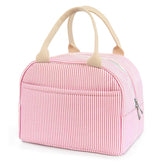 TIFFYONEK front view pink stripe lunch bag showing stylish exterior and easy carry