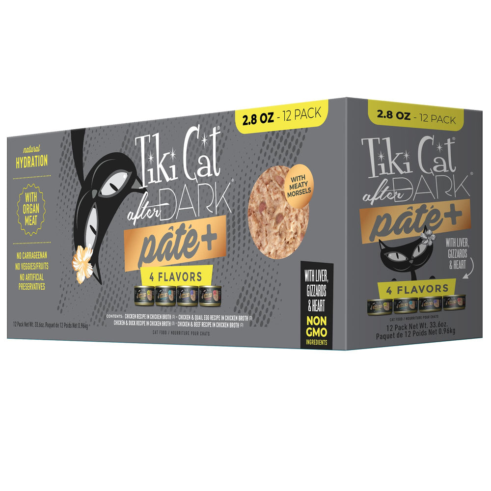 TIKI PETS front packaging of twelve 2.8 oz cans showing variety pack and convenience