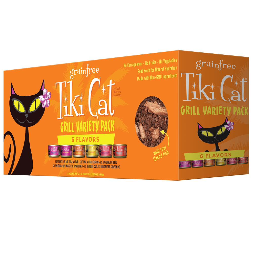TIKI PETS front packaging of Tiki Cat Grill variety pack showing cans and branding benefits
