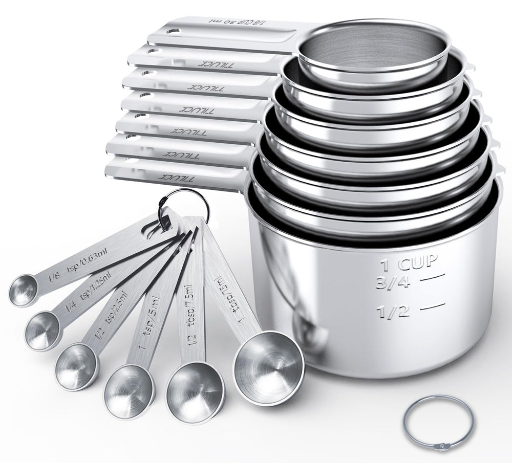 TILUCK front view of 13-piece stainless steel measuring set shows completeness and durability