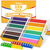 Toidgy front box showing 336 colored pencils and included sharpeners for easy distribution