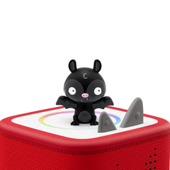 Tonies Halloween figurine back label visible with track details for easy parental info