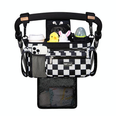 TOPDesign front view of checkerboard stroller organizer showing compartments and upright support