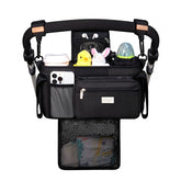 TOPDesign front view of stroller caddy showing organized pockets and upright support