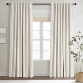 Topfinel front view of cream linen blackout panels showing full coverage and style
