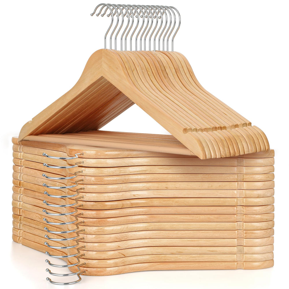 TOPIA HANGER front packaging showing 30 wood hangers and ease of storage
