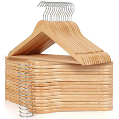 TOPIA HANGER front packaging showing 30 wood hangers and ease of storage