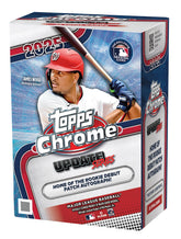 Topps blaster box front view showing chrome packs and branding, highlights collectability