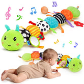 Topsochir front view of caterpillar plush showing bright colors and segments, encourages engagement