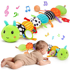 Topsochir front view of caterpillar plush showing bright colors and segments, encourages engagement