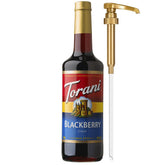 Torani blackberry bottle front view showing branding and pump for quick serving