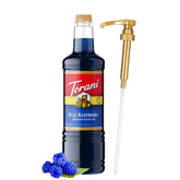 Torani bottle front packaging showing blue raspberry flavor and clear branding benefit of visual appeal