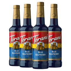 Torani bottle front packaging showing blue raspberry color and volume benefit