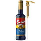 Torani blue raspberry front packaging shows bottle and pump for easy serving