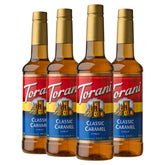 Torani bottle front packaging showing caramel syrup and brand for confident stocking