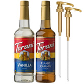 Torani front view of both bottles showing packaging and included pumps for easy dosing