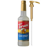 Torani coconut bottle front showing label and pump, brand clarity and convenience