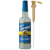 Torani bottle front packaging showing coconut flavor and pump for quick serving