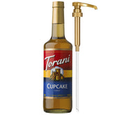 Torani bottle front packaging showing cupcake flavor and pump for easy serving