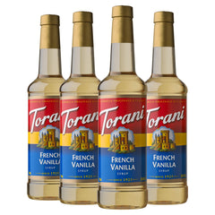 Torani front packaging showing four French Vanilla bottles for consistent flavor