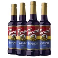 Torani lavender front bottle showing brand and purple syrup for versatile drinks