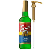 Torani lime syrup front bottle shows bright lime color and pump benefit